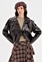 Women's Double-Breasted Leather Jacket with Pleated Detail at the Bottom and Lined Design - 3