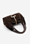 Women's Genuine Leather Suede Textured Metal Accessory Detailed Long Strap Daily Bag Teron Brown Suede - 6
