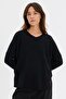 Women's V-Neck Low Sleeve Slit Wool Sweater Black - 2