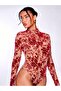 Skin Color Tulle Flock Print Snap Fastener Bodysuit