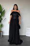 Top Beaded Embroidery Lower Chiffon Design Evening Dress - Black