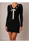 Feminine Knitwear Elegance |   Women's V-Neck Lace Detailed Long Sleeve Mini Dress