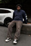 Men's Plus Size Navy Blue Polo Collar Striped Sweatshirt - 5