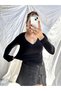 Women's New Season Black Color Lace V-Neck Long Sleeve Body Blouse - 3