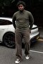 Men's Plus Size Khaki Polo Collar Striped Sweatshirt - 6