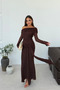 Women's Brown Madonna Collar Front Tie Maxi Length Lace Dress