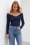 Women's Navy Blue Wide Collar Ottoban Blouse Alc-X14342 - 4