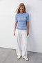 Women's Blue Crew Neck Stripe Detailed Knitwear Blouse Alc-X15612 - 4