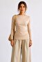 Women's Crop Bodycone Long Sleeve Beige Blouse - 2
