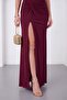 Women's Burgundy Strapless Collar Slit Long Formal Dress - 3