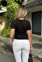 Black Fitted T-Shirt with Ruffle Detail - 4