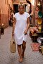 White Pool Collar Low Sleeve Pocketed Robe and Casual Muslin Woven Dress with Embroidery on the Sides 95 55 - 5