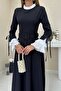 Black Dress with Pleated Collar and Sleeves - 4