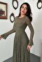 Khaki Lined Long Sleeve Lace Dress - 3