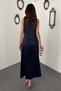 Navy blue satin degaje neckline dress with buckled shoulders - 5