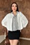 White Striped Garnished Oversized Shirt - 2