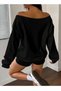 Women's 14 Printed Boat Neck Oversize Black Sweatshirt - 3