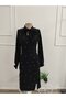 Women's Long Sleeve Bow Collar Side Slit Pearl Embellished Midi Imported Crepe Dress - 4