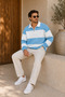 Premium Unisex Blue Striped Polo Collar Sweatshirt with Half Zipper Detail - 4