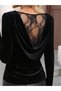Women's long sleeve velvet blouse with turn-down collar and lace detailing on the back