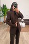Premium Series Long Collar Detail Design Equivalent Clip Closure Detail Blazer Jacket Blouse Carrot Leg High Waist Pants Set - 2