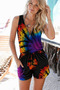 Women's Strappy Front Zipper Short Jumpsuit with Elastic Waist and Patterned Laces - 2