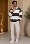 Premium Unisex Brown Striped Polo Collar Sweatshirt with Half Zipper Detail - 3