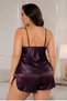 Women's Plus Size Plum Satin Lace Detailed Slit Shorts 2-Piece Pajama Set - 4