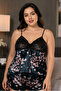 Women's Plus Size Navy Blue Floral Patterned Black Lace Detailed Shorts Pajama Set - 2
