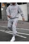 Gray Paris Letter Striped Combination Top and Bottom Tracksuit Set - Printed Oversize Elastic Cuffed Hoodie