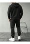 Black Basic Plain Zipper Cardigan Top and Bottom Tracksuit Set - Printed Oversize Elastic Cuffed Hoodie - 2
