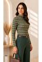 Women's Green Geometric Tiny Patterned High-Neck Long Sleeve Viscose Blouse