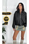 Women's Black Oversize Faux Leather Bomber Coat |   Belt Detailed Premium - 5