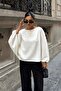 Women's Ecru Boat Neck Bat Sleeve Wide Cut Blouse - 4