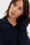 Women's Polo Collar Beaded Embroidered Lycra Blouse Dark Blue - 5