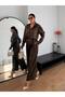 Women's Brown Belted Shirt and Trousers Two-Piece Set - 2