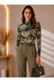 Women's Khaki Snake Patterned High Neck Long Sleeve Viscose Blouse