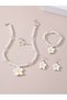 Girls White Flower Charm Pearl Necklace, Bracelet, Ring and Earrings Set