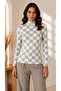 Women's Ecru Gray Checkered Patterned High Collar Long Sleeve Viscose Elastane Trend Blouse - 2