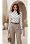 Women's Ecru Gray Checkered Patterned High Collar Long Sleeve Viscose Elastane Trend Blouse - 3