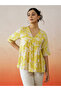 Yellow Floral Print V-Neck Short Sleeve Top - 3