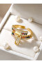 Gold Tone Rainbow Stone Embellished Zipper Detail Ring - 4