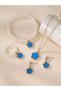 Girls Blue Flower Charm Pearl Necklace, Bracelet, Ring and Earrings Set - 6