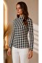 Women's Ecru Black Houndstooth Patterned High Neck Long Sleeve Viscose Blouse - 5