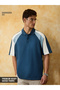 Men Blue Cotton Color Block Oversized Fit Polo T-Shirt
