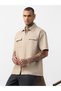 Beige Collared Short Sleeve Zip-Up Shirt with Pocket Details - 3
