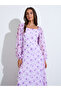 Lilac Floral Print Square Neck Long Puff Sleeves Maxi Dress - 2
