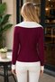 Women's Wide Polo Collar Long Sleeve Hair Braided White Detailed Classic Stylish Casual Burgundy Knitwear Sweater - 3