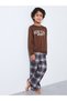 Boys Brown Graphic Print T-Shirt and Checked Pants Pyjama Set