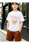 Girls White Cotton Short Sleeve T-Shirt with Rainbow Heart Print